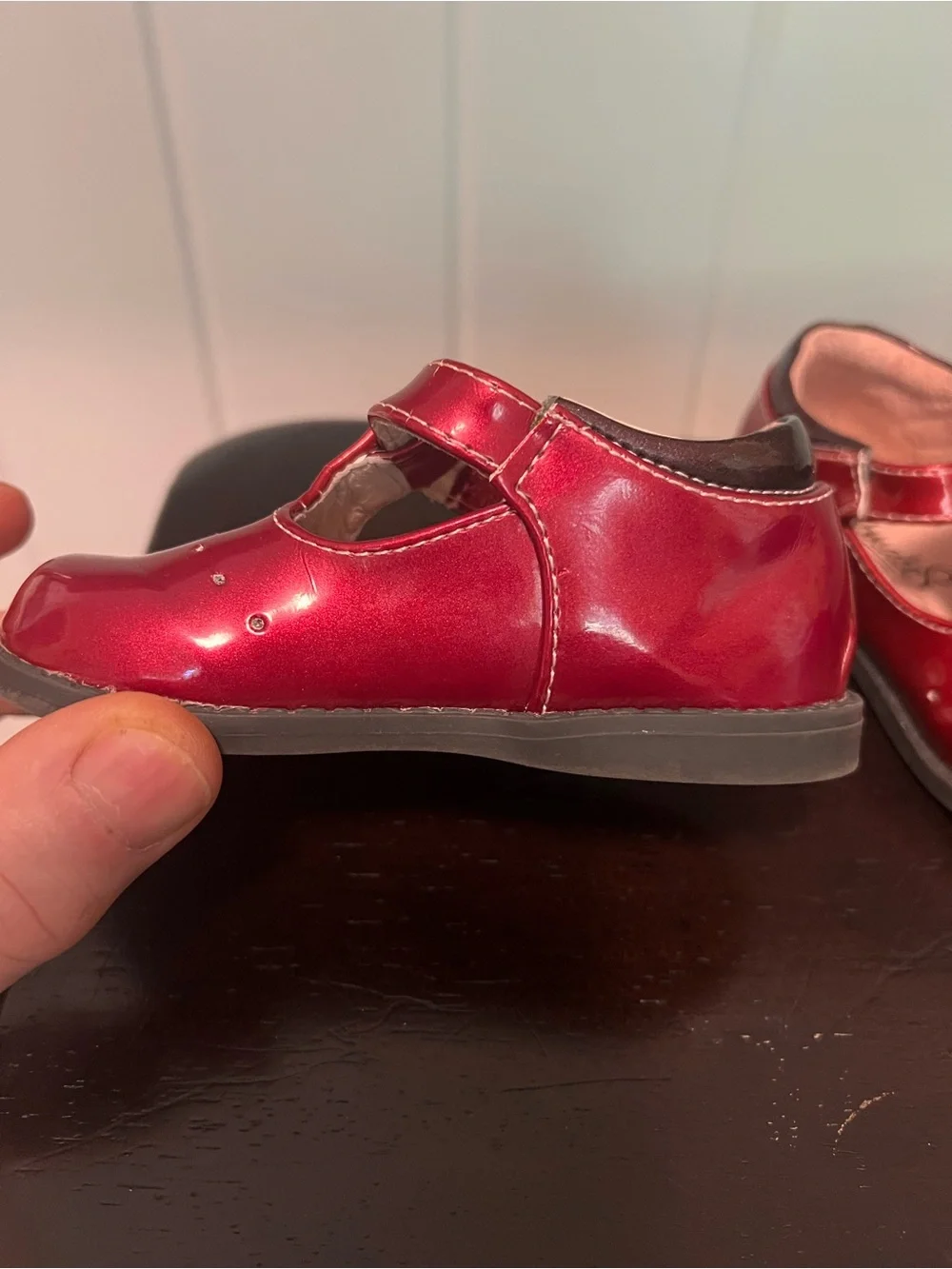 FootMates Shiny Red T-Strap Flower Mary Janes